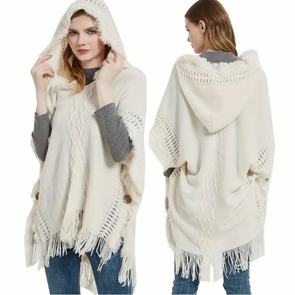 New Simple Poncho Tassel Shawl Hooded Elegant Loose Hollow Cloak Soft Windproof